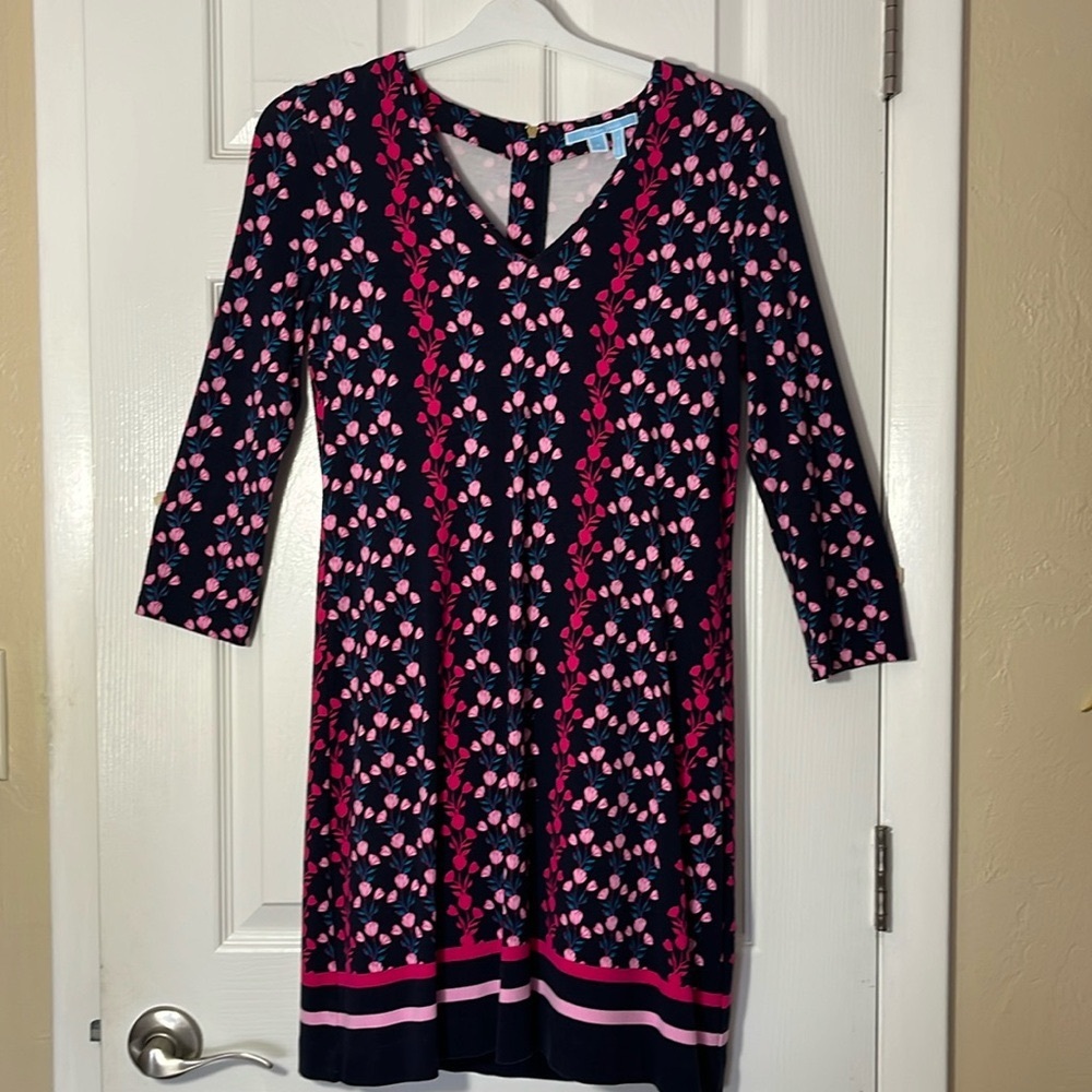 Draper James midi floral striped vneck dress3/4 sleeve zipper back pink blue S